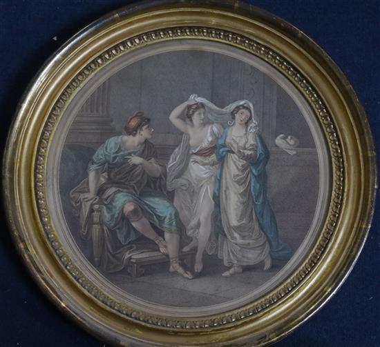 A pair of late 18th century reverse prints of glass depicting young ladies,